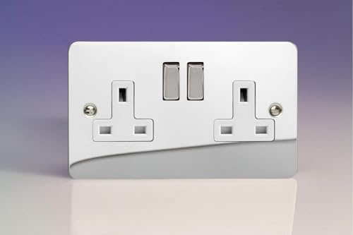 XFC5DW - Varilight - Ultra Flat Plate - Polished Chrome White & Metal Inserts - 2 Gang 13Amp Plug Socket
