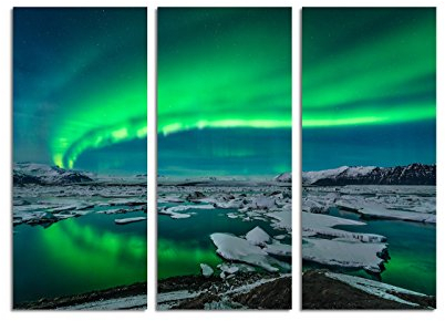 Paul Sinus Art 130x90cm – Keilrahmenbild grüne Polarlichter Island Gletscher 3teiliges Wandbild auf Leinwand und Keilrahmen - Fotobild Kunstdruck Artprint