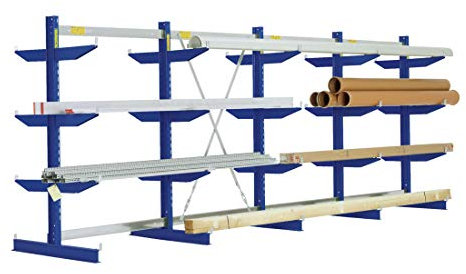BITO 20-17910 Typ L Kragarmregale, Zweiseitige Nutzung, 8 Arme, 1980 mm x 5356 mm x 1100 mm, 10500 kg Tragkraft Gesamt, 2 x 500 mm Nutztiefe, Enzianblau