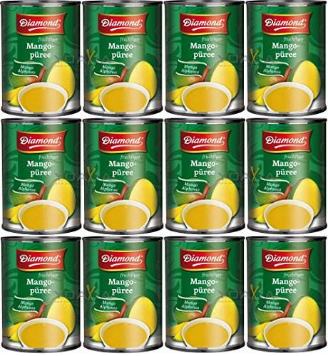 [ 12x 850g ] DIAMOND Mango Püree Alphonso / Mango Pulp / Mangopüree + ein kleines Glückspüppchen - Holzpüppchen