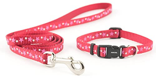 Ancol Small Bite Stars Collar and Lead Set Red Adjustable Design for Puppies and Small Dogs - 1m Lead with Soft Webbing - 20-30cm