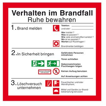 Betriebsaushang - Hinweisschild - Brandschutzzeichen - Verhalten im Brandfall Kunststoff