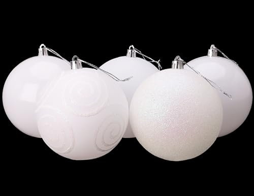 Christmas Concepts® Pack of 5-100mm Large Baubles - Shiny, Matte & Glitter Design - Christmas Decorations (White)