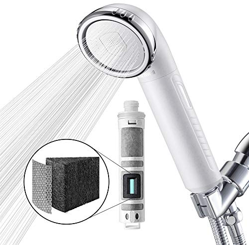 Miniwell Anticalcare - Soffione Doccia Filtrata Ad Alta Pressione, Per Rimuovere Cloro, Metalli Pesanti e Sedimenti, Addolcitore Per Acqua Dura, Bianco, Staffa Autoadesiva, Flusso D'acqua Costante