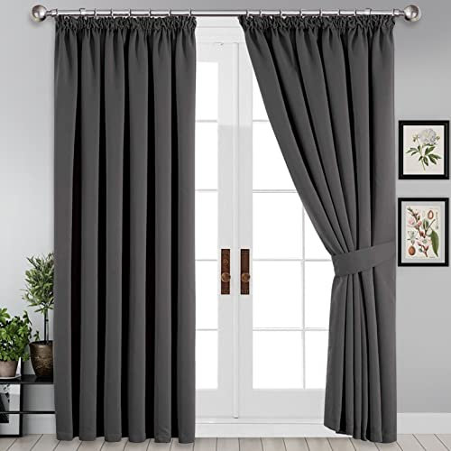 Yorkshire Bedding Thermal Blackout Pleated Grey Curtains 90 x 90 Noise Reducing Tape Top Insulated Sunlight Blocker Curtains Window Treatment + 2 Tie Backs (228 x 228 cm)
