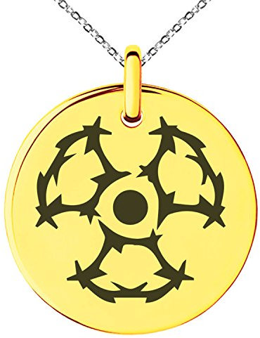 Tioneer Gold Plated Stainless Steel Barbed Wire Radioactive Symbol Engraved Small Medallion Circle Charm Pendant Necklace