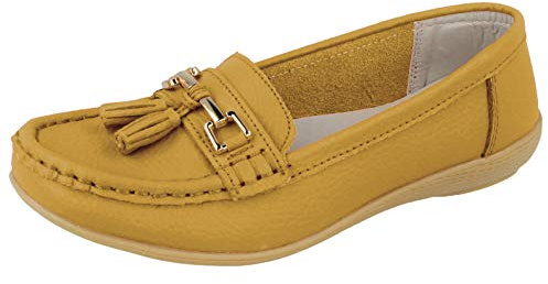Ladies Real Leather Tassel Slip On Moccasin Flat Nautical Boat Shoes Loafers Size 3-8 (5 UK, Mustard)