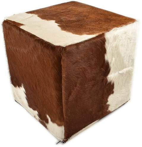 generisch Kuhfell Hocker braun Weiss 40x40x40 cm Sitzwürfel Fußhocker aus echtem Kuhfell Cube in braun weiß Tricolor mit Fester Schaumstoff Würfel