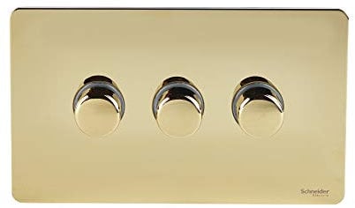 Schneider Electric Ultimate Screwless Flat Plate - 3 Gang 2 Way Dimmer Light Switch, Main and Low Voltage, 250W/VA, GU6432CPB, Polished Brass