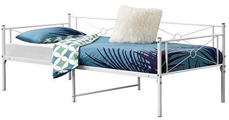 [en.casa] Metallbett Alvesta 90x200 cm mit Kopf- und Fußteil Tagesbett mit Lattenrost Jugendbett Gästebett Stahlrahmen Weiß
