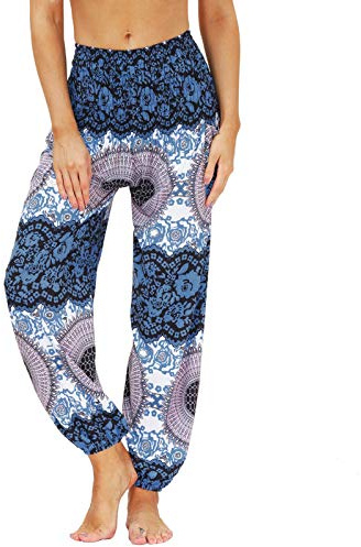 Nuofengkudu Women's Hippie Harem Yoga Pants with Pockets Smocked High Waisted Baggy Soft Bohemian Print Colourful Summer Trousers Lightweight Flowy Travel Holiday Beachwear(Y-Pattern 06,One Size)