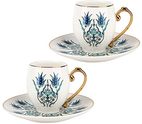 KARACA Iznik Turkish Coffee Cup Set for 2 People - 4 Piece Cups with Saucers - Small Porcelain Espresso Set - Ideal for Serving Greek, Arabic Coffee (80 ml)