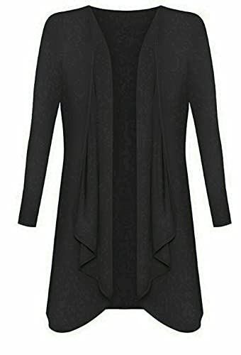 Ladies Hanky Hem Jersey Open Waterfall Boyfriend Women Plus Size Cardigan Top Full Long Sleeve Floaty Duster Jacket Coat Blazer UK (Black, 12)
