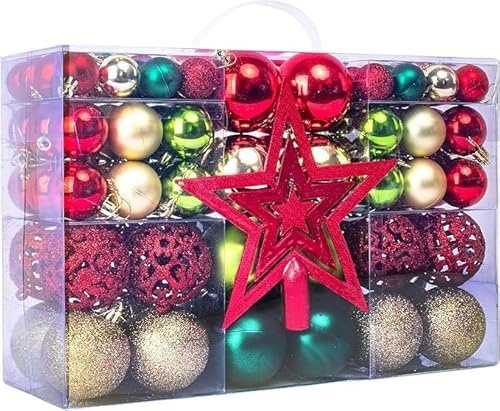 Poshlr Weihnachtskugel Set Kunststoff, 145-teilig, mit weihnachtskugeln durchsichtig, Baumspitze und Kleiner Holzdekoration (rot)