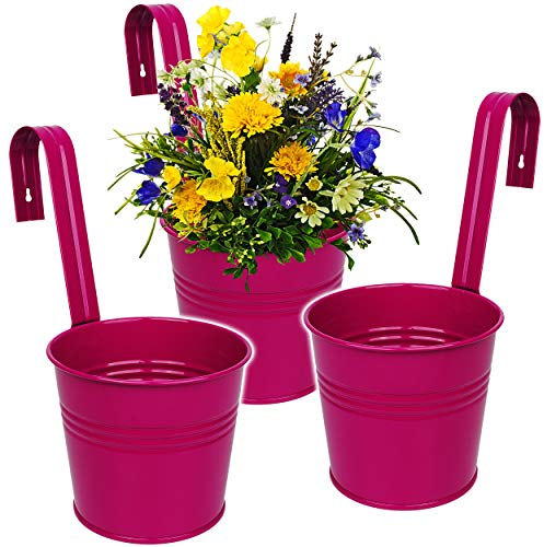 alles-meine.de GmbH 3 Stück Hänge - Blumentöpfe/Hängetöpfe/Pflanzschale - Metall - Ø 17 cm - pink/Purpur/violett/rosa - lila RUND - Hängend/mit Haken & Halterung -..