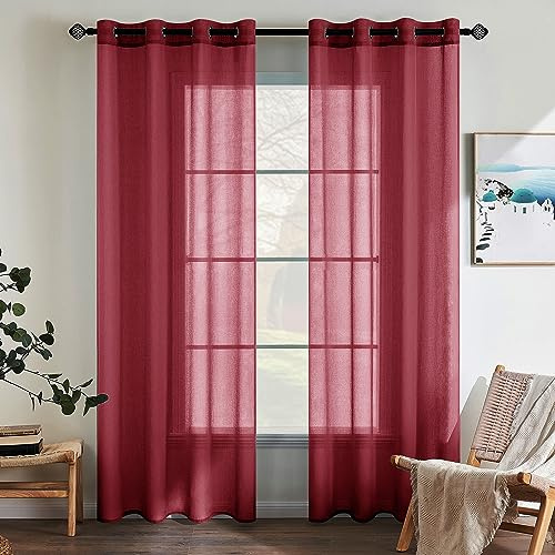 EMEMA Gardinen mit Ösen 2er Set 260cm Lang Rot Vorhang Voile Vorhänge | Vorhang mit Ösen Transparente Polyester Ösenschal Transparent Wohnzimmer Luftig Dekoschal für Schlafzimmer B140 X H260cm