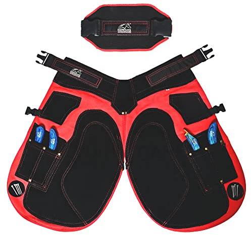 Equine Care Red Forge Pro Farrier Schürze Chaps: 73,7 cm Länge Rindsleder Wildleder & Segeltuch, Air Mesh, 4 Messertaschen, 2 Nagelmagnete, Rückenstütze (71,1 cm bis 132,1 cm) für Huf, Hufschneiden