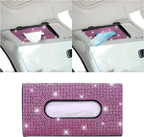 Bling Porta Fazzoletti per Visiera auto,Scatola di Fazzoletti per Auto Custodia per Maschera Portafazzoletti Parasole bling con fascia con una confezione di ricariche di carta assorbente(Rosa)