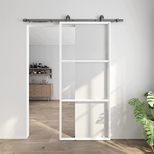 JUBEST 91,4 x 213,4 cm Glas-Scheunentür mit 1,8 m Hardware-Kit und Absenkautomatik, klares, gehärtetes Glas, Karbonstahl, vorgebohrt, weißer Rahmen, Schiebetürverkleidung