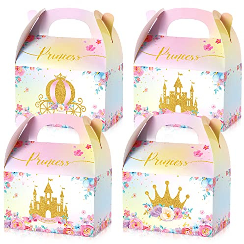 Nezyo 24 Pcs Princess Gift Boxes with Handle for Party Favors | Castle Theme Goodie Bags, Princess Candy Boxes for Birthday Gender Reveal Party, Pink Crown Cardboard Box