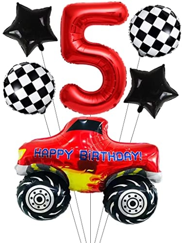 Liitata Rennwagen Luftballon Set Rennauto 5. Kinder Geburtstag Deko Zahl 5 Folienballon Rot Großes Rennwagen Luftballons Zielflagge Ballon Stern Ballon für Junge Geburtstag Party Motto Party Deko