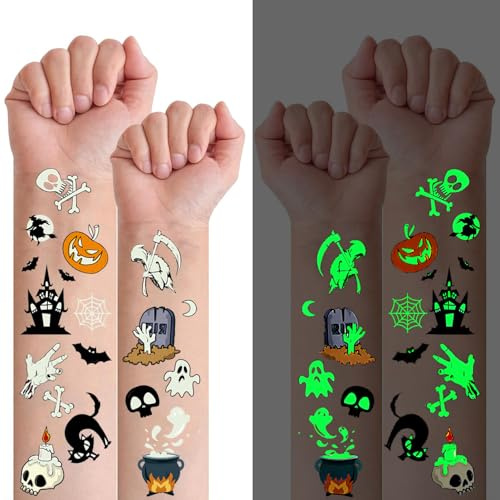 EIKEJI Halloween Tattoo Kinder, 360+ Leucht Deko Temporäre Tattoos Sticker | 30 Blätter Fake Tattoos Aufkleber für Halloween Dekoration, Party Mitgebsel Kinder Party Zubehör Geschenke