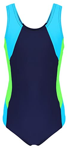 Aquarti Costume da Bagno Intero da Bambina Costumi Ragazze, Blu Scuro/Neon Verde/Azzurro Chiaro, 164