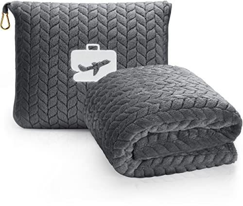 EverSnug Premium-Reisedeckenkissen – weiche 2-in-1-Flugzeugdecke mit weicher Tasche, Kissenbezug, Handgepäckhülle und Rucksackclip (grau)