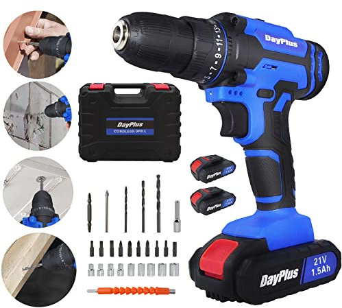 21V Cordless Drill Driver - 2 Batteries 1500mAh, 45Nm Max Torque, 25+1 Combi Drill & Screwdriver Set, 3/8in Chuck, 2 Speed, LED Light