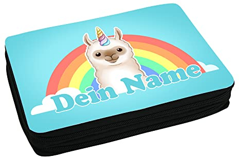 Schulmäppchen mit Namen und Motiv mit Lama Einhorn | Federmappe personalisiert inkl. Stifte, Lineal, Radierer, Spitzer