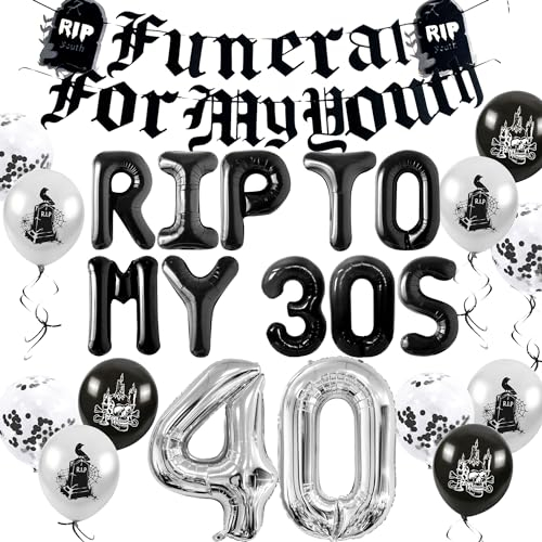JeVenis Rip to My 30s Luftballons Rip Thirties Ballons Gothic Geburtstag Dekoration 40 Geburtstag Tod zu meinen 30ern Banner Beerdigung für meine Jugend 40