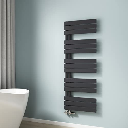 EMKE Scaldasalviette termoarredo piatto, Termoarredo da Bagno, 1320 x 500 mm, Antracite, collegamento laterale, 695W, radiatore scaldasalviette ad acqua calda