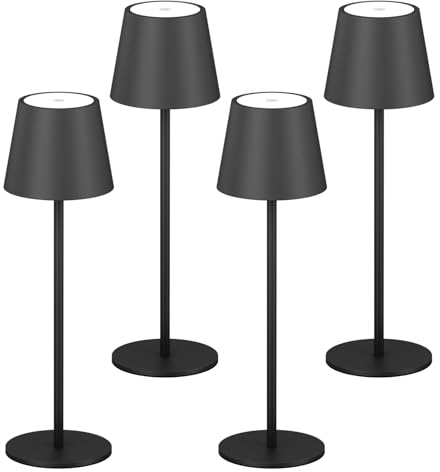 K-Bright 4 Stück LED Dimmbare Akku Tischlampe Kabellose, Wiederaufladbar 2700K Warmes Licht led Tischlampe, Tischleuchte mit USB-C, IP54 Wasserdichte, Schwarz
