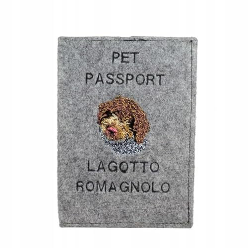 Art-Dog Hundepasshülle - Handgefertigte Filzhülle mit gesticktem Muster - Tierärztliche Reisepasshülle für Hunde - 17x12,5cm - Lagotto Romagnolo