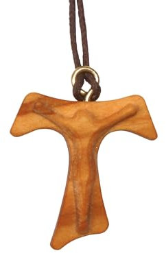 Nazareth Fair Trade Anhänger aus Olivenholz, Franziskaner-Tau-Kreuz-Anhänger mit heiliger Silhouette Jesus, handgefertigt im Heiligen Land – religiöser Schmuck, Holz