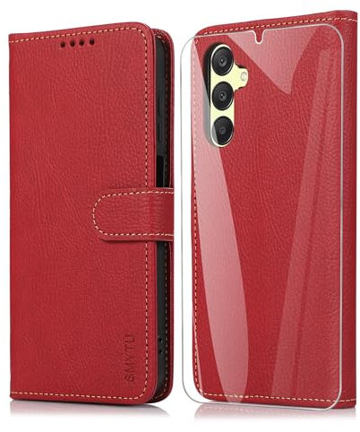 SMYTU Cover a Libro per Samsung Galaxy A25 5G (6,5) + Vetro Temperato,Custodia Flip in Pelle Magnetica Portafoglio Per Samsung Galaxy A25 5G - Rosso