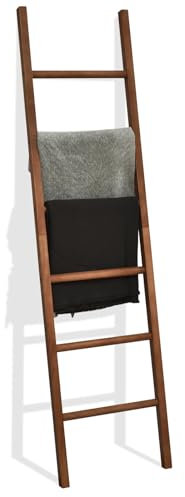 FUIN 6ft Wooden Brown Blanket Ladder Living Room Decorative Wall Leaning Farmhouse Quilt Display Holder Rustic Wood Towel Rack for Bathroom