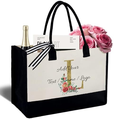 Fegiuly Bolsa de lona personalizada con inicial, bolsa de yute de playa personalizada para mujeres, regalo de cumpleaños de amigos, playa, boda, Flor 2, Large