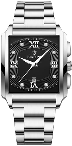 JewelryWe Herrenuhr Edelstahl Rechteckige Uhr: Herren 30m Wasserdicht Kalender Analog Quarz Armbanduhr Männer Silber Edelstahlarmband Leuchtend Uhr mit Schwarz Eckigem Römischen Ziffern Zifferblatt
