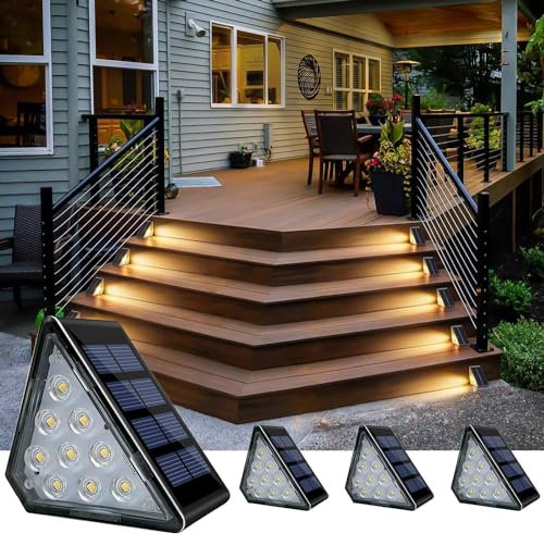 CREATESTAR Luce Solare per Scale, 4 Pezzi Luci Solari per Scale Esterni a LED IP67 Impermeabile, Lampade Solari Bianca Calda 3000K per Terrazze, Portici Anteriori, Patio, Giardino e Cortile