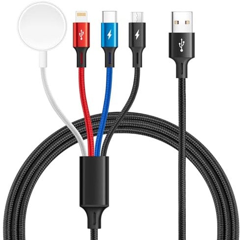 MINLU 4 en 1 Cable de Carga Múltiple con Cargador Apple Watch, Cable de Carga de Nylon de 1.8M con Cargador iPhone y Apple Watch, Cargador iWatch Apple para iWatch10/9/8/7/6/5/4/3/2/1/iPhone/Android