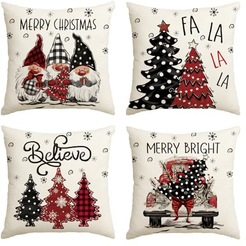Artoid Mode GNOME Bäume Lastwagen Schneeflocken Weihnachten Kissenbezüge 4er Set, 45x45 cm LKW Christmas Zierkissenbezug Cushion Cover Couch Deko