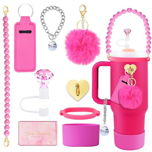 Lestp Stanley Cup Accessories Set: Hot Pink Silicone & Metal, Reusable, 8pcs, Accessory Set, Drinking Straw, One Size, 30oz & 40oz, Gift Box