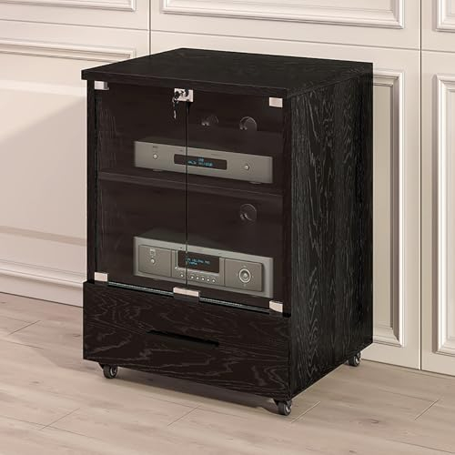 Armoire vitrine avec porte vitrée,meuble hifi,Avec rangement à tiroirs,Cloison orientable,Couche double armoire vitrine,bois massif,Avec roues universelles,Convient pour la maison, le bureau, le bar(N