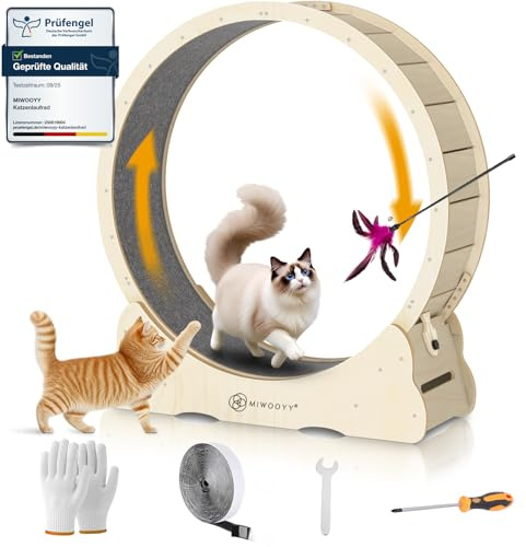 MIWOOYY Großes Katzen-Laufrad 132cm – natürliches Massivholz, Katzenrad für Indoor-Katzen, Sicherheits-Laufband mit Schloss und minimiertem Lücken-Design