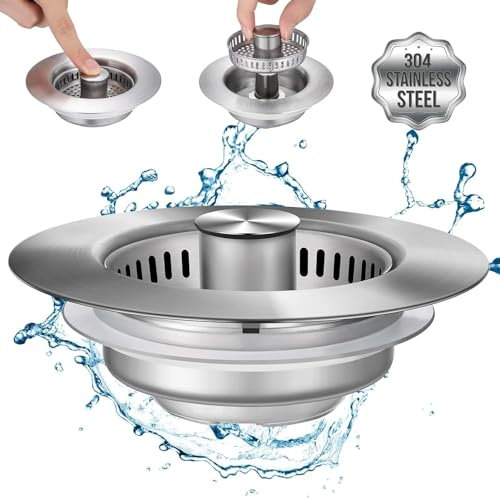 Kitchen Sink Plug, Universal 3 in 1 Sink Strainer and Stopper Combo Stainless Steel Pop Up Sink Drainer Plug