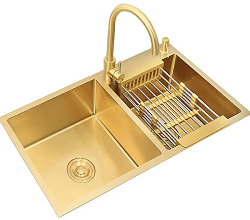 JXDWTL Fregadero de Cocina de Acero Inoxidable de Doble Seno, Fregadero Empotrado Engrosado, Grifo de Fregadero de Gran capacidad/D/75 * 40 * 22 cm