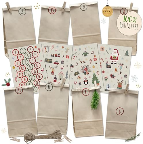 Adventskalender Bastelset Nachhaltig, 100% Baumfrei | DIY Adventskalender zum Befüllen, 24 Geschenktüten aus Zuckerrohrpapier, 4 Stickerbogen mit Zahlen & Motiven, 24 Holzklemmen, 5m Juteband