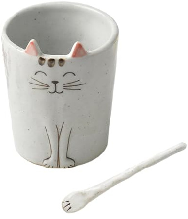 CAPIJIONG Ensemble tasse et assiette en céramique créative peinte à la main Tasse à dessert japonaise Tasse à chat + bâton de mélange