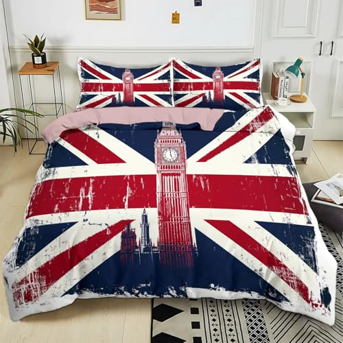 Generisch Bettwäsche 135x200 cm Londoner Big Ben 3D-Druck Bettwäsche-Sets, Weich Mikrofaser Bettbezug 3-Teilig mit 2 Kissenbezüge 80x80 cm, Bettwäsche Set mit Reißverschluss
